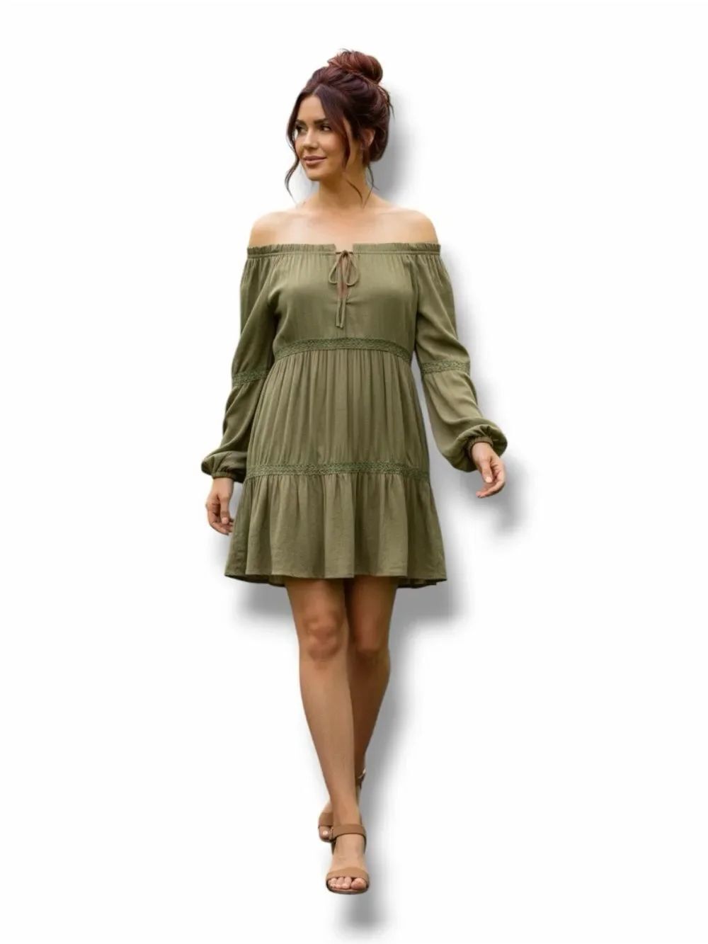 Olive Green Off Shoulder Peasant Mini Dress Boho Festival S NWT